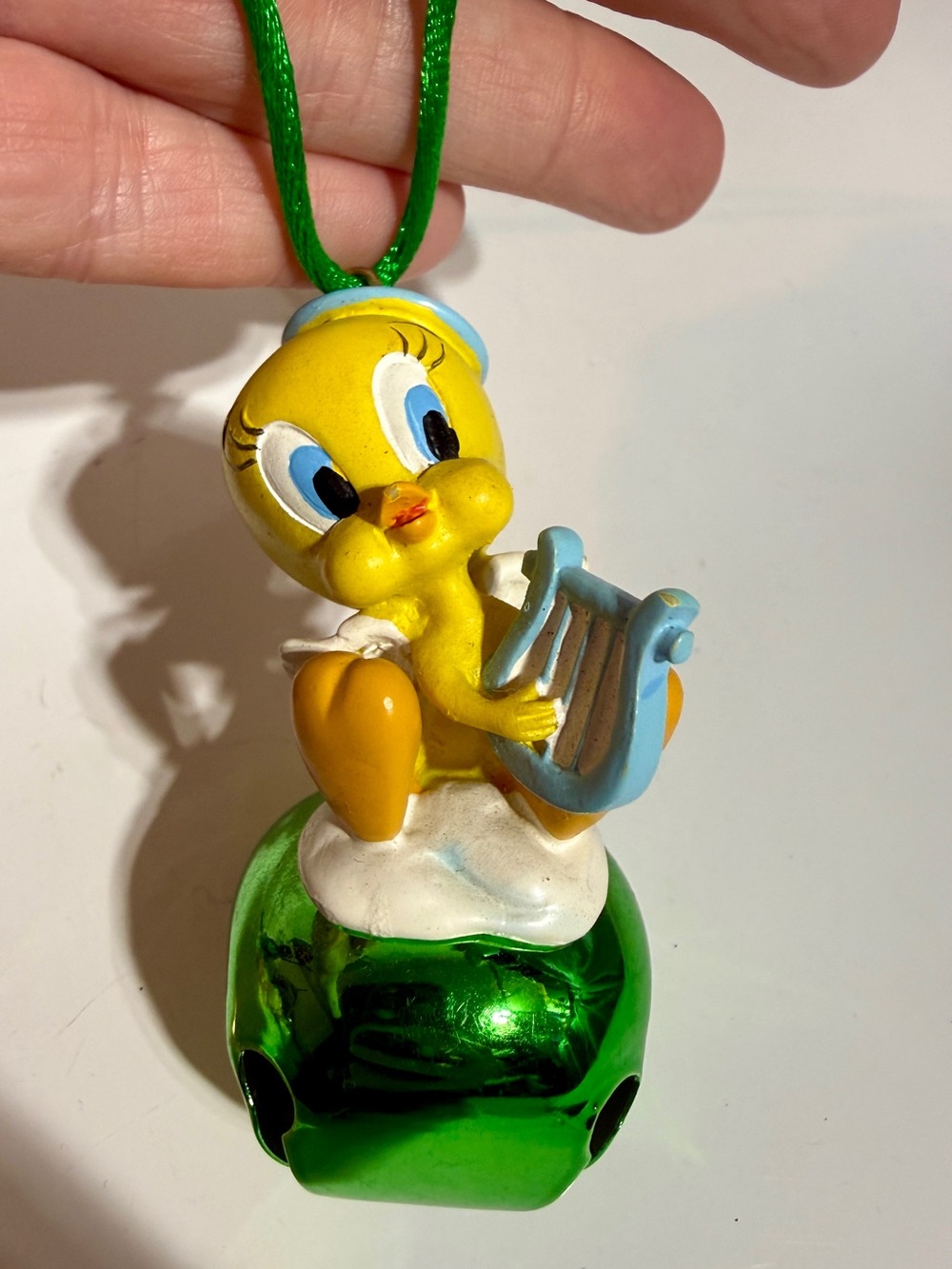 Warner Bros Tweety Angel Jingle Bell Necklace w/ Harp on green cord. 3 colors